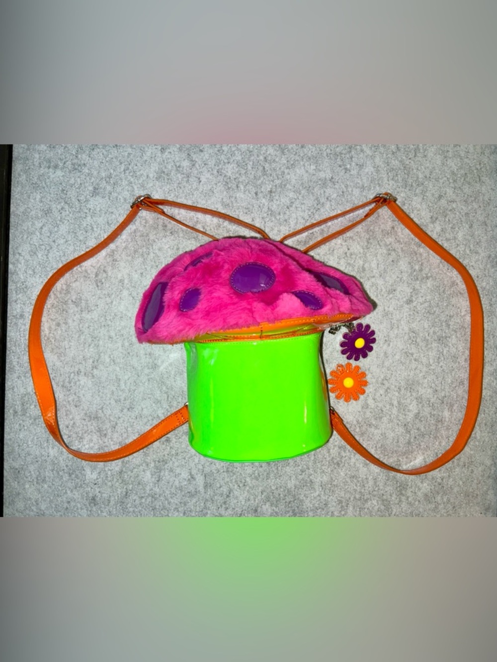Neon Green & Pink Mushroom Backpack Purse with Orange Straps -read